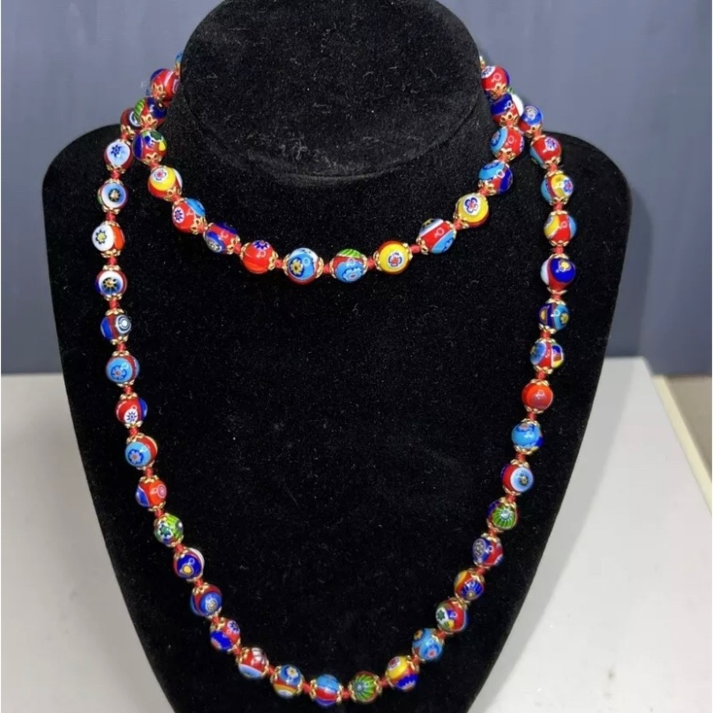 VINTAGE VENETIAN MURANO MILLEFIORI ART GLASS 9 mm BEAD HAND KNOTTED 31” NECKLACE
